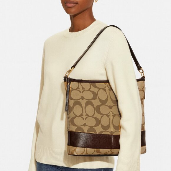 Coach Signature Stripe Tote Bag Khaki / Mahogany Brown 👜 Pre-Owned - Picture 3 of 8